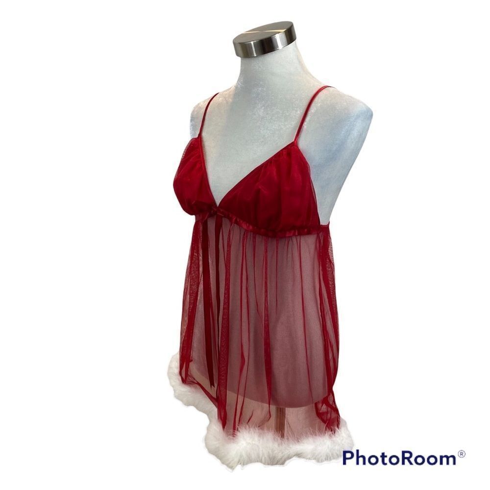 Ladies Cinema Etoile Sheer Red Nightgown Lingerie with White Fur Trim Large